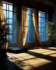A tranquil and modern living space with sunlight streaming through large windows, highlighting the interior's minimalist design and peaceful ambiance. The windows are framed by elegant curtains.