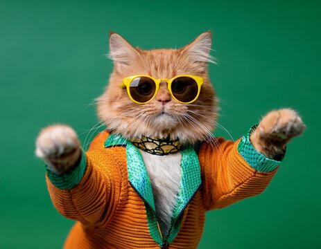 cat wearing colorful clothes and sunglasses dancing against the green backdrop creating a fun and energetic scene