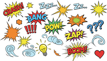 Comic book speech bubbles sound effects explosion bang boom pow zap crash vector illustration set, cartoon superhero action elements design. © Arafat