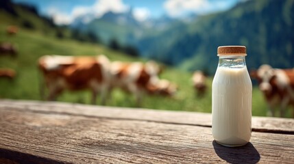 Bottle of fresh milk with a cork stopper on a wooden table, overlooking a mountain pasture with grazing cows