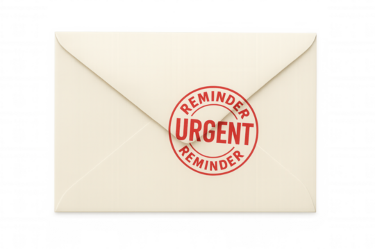 Beige postal envelope featuring a prominent round red stamp marking it as urgent reminder. Transparent background