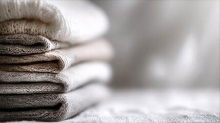 Stack of folded towels in various shades of beige and white. the towels are neatly folded and stacked on top of each other, creating a neat and tidy appearance.