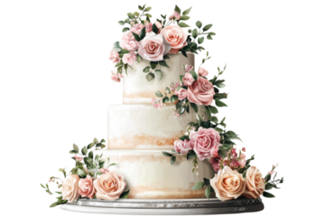 A three tier cake decorated with pink roses and greenery