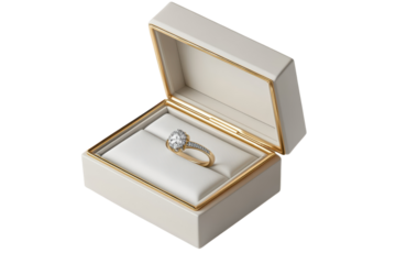 Gold ring with diamonds in a white and gold jewelry box