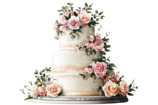 A three tier cake decorated with pink roses and greenery