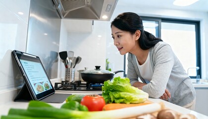 Asian mom checking recipe on tablet beside stove, bright overhead kitchen light, practical organized