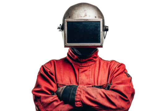 Welder in red suit with arms crossed against transparent backdrop
