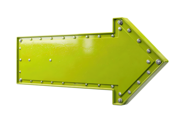 Reflective lime-green aluminum arrow sign with rivets and smooth beveled form, angled right and slightly upward for dynamic perspective, isolated on transparent background
