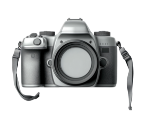 Sleek, silver SLR camera body centered, lens absent, strap visible