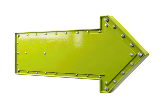 Reflective lime-green aluminum arrow sign with rivets and smooth beveled form, angled right and slightly upward for dynamic perspective, isolated on transparent background
