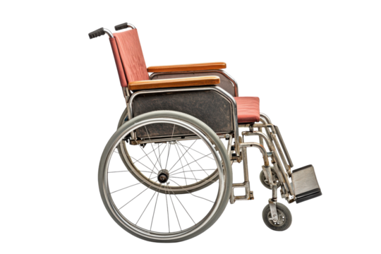 Side view of a wheelchair with red cushions on transparent background