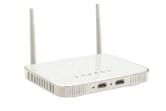 A white wireless router with two antennas on transparent ground