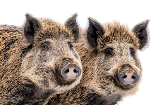 Close up of two wild boars with detailed facial features