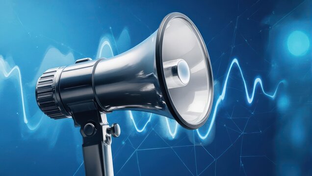 Shiny chrome megaphone with blue sound wave design on a vibrant background