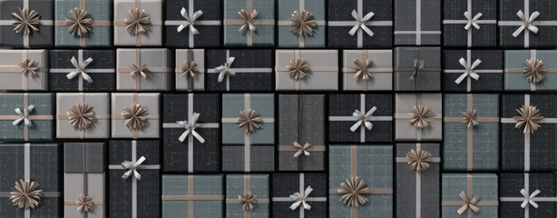 Arrangement of elegantly wrapped gift boxes featuring silver and gold ribbons perfect for holiday promotions and festive backgrounds