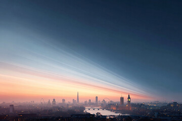 Fototapeta premium Dramatic, longexposure skyline of a major city at dawn. The orange glow highlights iconic buildings, set against a vibrant blue sky with a sense of movement.