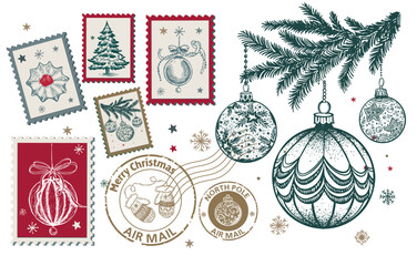 Christmas Stamps, mail, postcard hand-drawn illustrations.	
