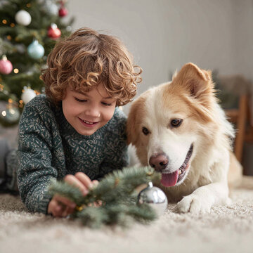 Heartwarming holiday scene featuring a child and dog bonding by a Christmas tree. Captures the joy of the season, perfect for family, pet, and lifestyle themed projects.