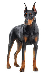 Sleek Doberman with glossy black and rust coat, natural ears and tail, standing alert with athletic build, isolated on transparent background.
