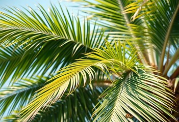 Fototapeta premium Fronds of a palm tree, swaying gently in the breeze, paradise, lush