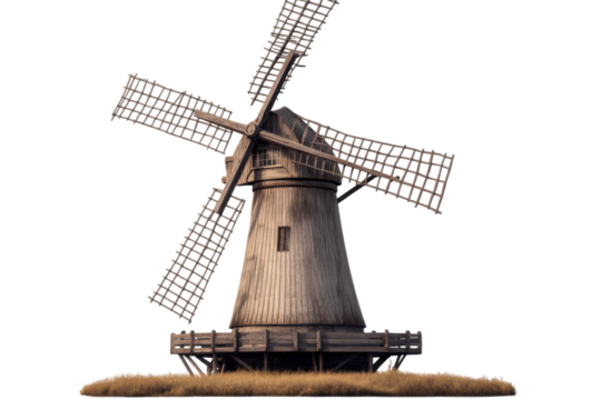 A wooden windmill standing on a grassy patch of land