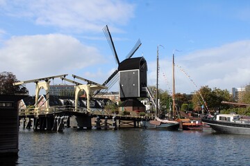 Rembrandtbrug and Molen De Put, Leiden, Netherlands.