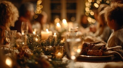 Christmas dinner scene. Family around table. Candles and festive decorations. Blurred holiday background