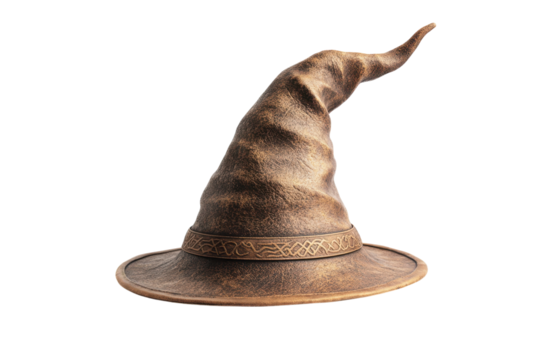 A brown wizard hat with a pattern band on a transparent background