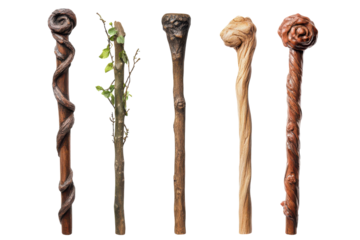Five wooden walking sticks with unique designs displayed