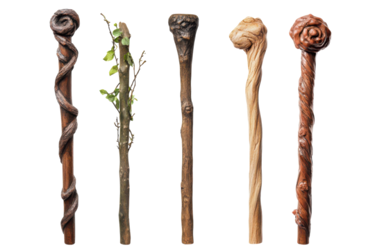 Five wooden walking sticks with unique designs displayed - Powered by Adobe
