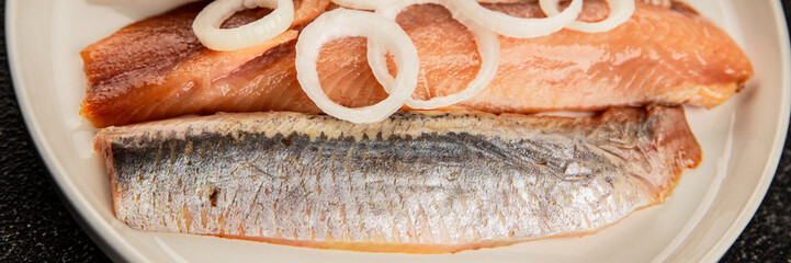 Herring fillet fish fresh seafood portion size natural product tasty snack fresh delicious gourmet food background on the table rustic top view copy space pescetarian diet