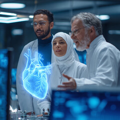 Diverse medical team analyzes a holographic heart in a futuristic lab. Symbolizes innovation, cardiology, research, and global collaboration. Perfect for healthcare  tech.