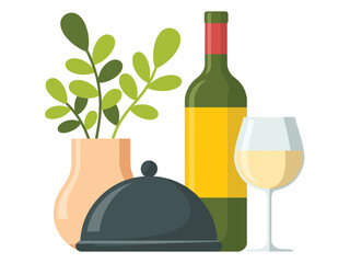 Elegant table setting with wine bottle glass and decorative plant