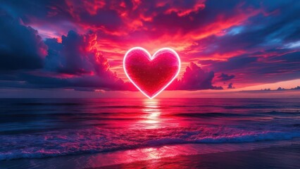 Glowing neon heart reflection over water at sunset with dramatic sky