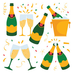 Celebration with champagne bottles and glasses and falling confetti