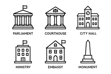 Collection of government building icons: parliament, courthouse, city hall, ministry, embassy, monument
