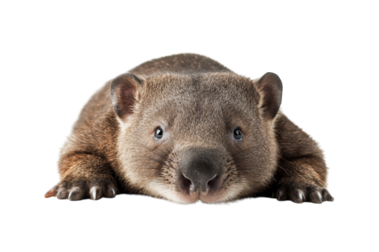 A wombat lying down looking forward on a transparent background