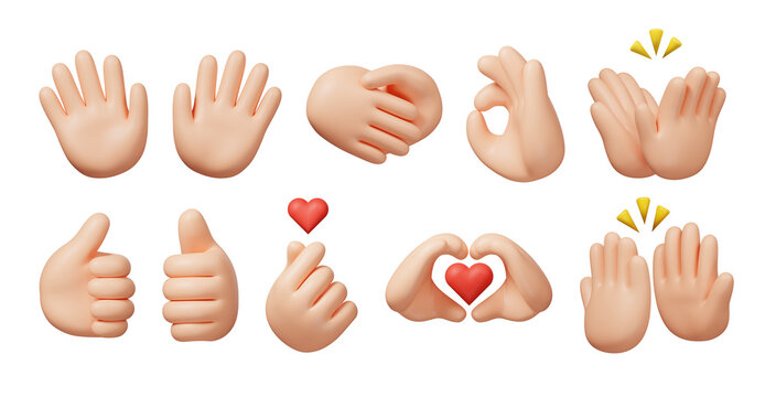 3D Clay Hand Gestures Set with Love, OK, Thumbs Up, Heart, and Clapping Poses Isolated on White Background