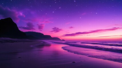 Breathtaking purple sunset over tropical beach with starry night sky