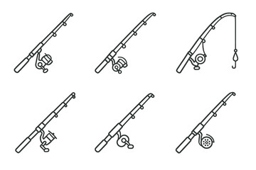 Fototapeta premium Set of fishing rods icons with reels and hooks in black and white
