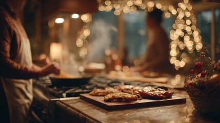 Holiday cooking scene. Family preparing dinner. Christmas kitchen decorations. Blurred background