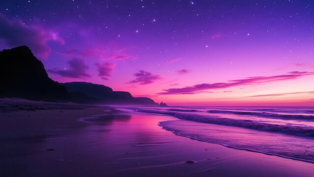Breathtaking purple sunset over tropical beach with starry night sky - Powered by Adobe