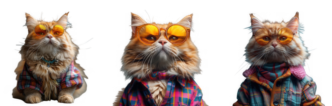 Three cool cats wearing sunglasses and stylish shirts, posing together with a confident and trendy vibe, isolated on transparent background