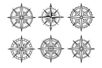 Set of six black and white nautical compass rose designs for navigation