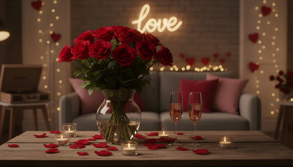 An intimate date night setting with a beautiful bouquet of red roses, champagne, and glowing candles. The cozy living room background features a neon 'love' sign, perfect for an anniversary.