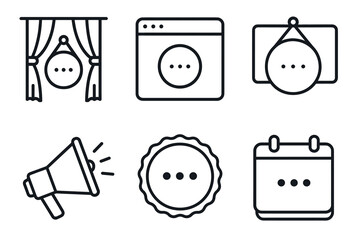 Set of minimalistic icons: curtains, window, picture frame, megaphone, badge, calendar