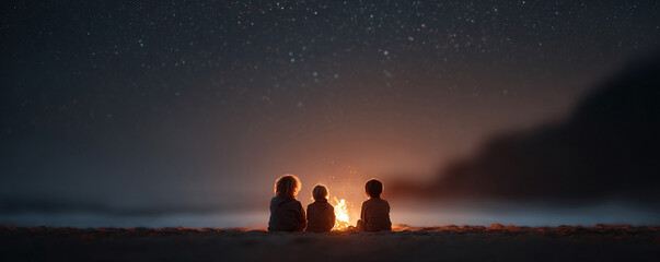 Three silhouetted figures sit by a glowing campfire under a starlit night sky on a serene beach. Evokes warmth, connection, and wonder. Ideal for family, travel, or inspirational content.