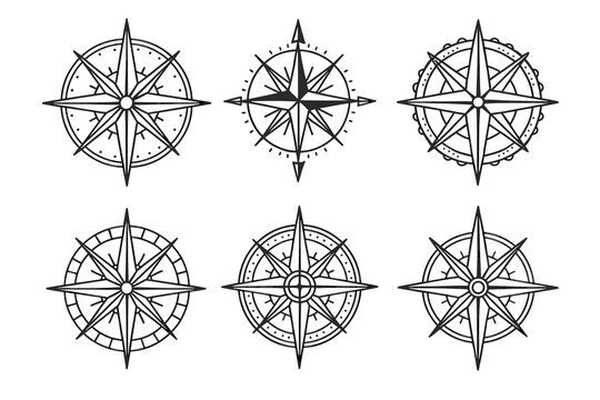 Set of six black and white nautical compass rose designs for navigation