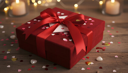 A close-up of a luxurious red gift box tied with a large satin ribbon on a wooden surface, surrounded by heart-shaped confetti. Ideal for representing a special present for Valentine's day.