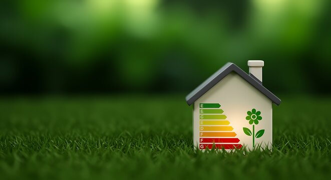 A miniature house on green grass with an energy efficiency rating chart, symbolizing ecofriendly homes - Powered by Adobe